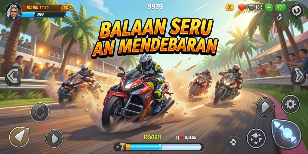 Screenshot gameplay 9939 menampilkan mobil balap di trek yang ramai.