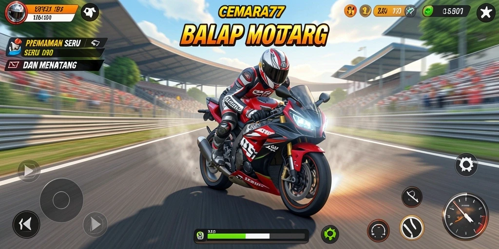 Tampilan gameplay CEMARA77 yang menampilkan balapan motor seru dan dinamis.