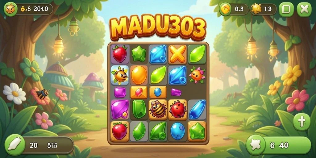 Tampilkan gameplay seru MADU303 dengan elemen match-3 yang menantang.