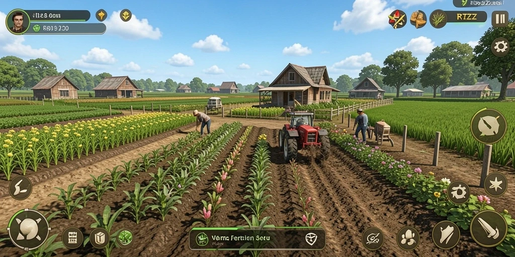 Screenshot tampilan gameplay Farming dengan beragam aktivitas pertanian.